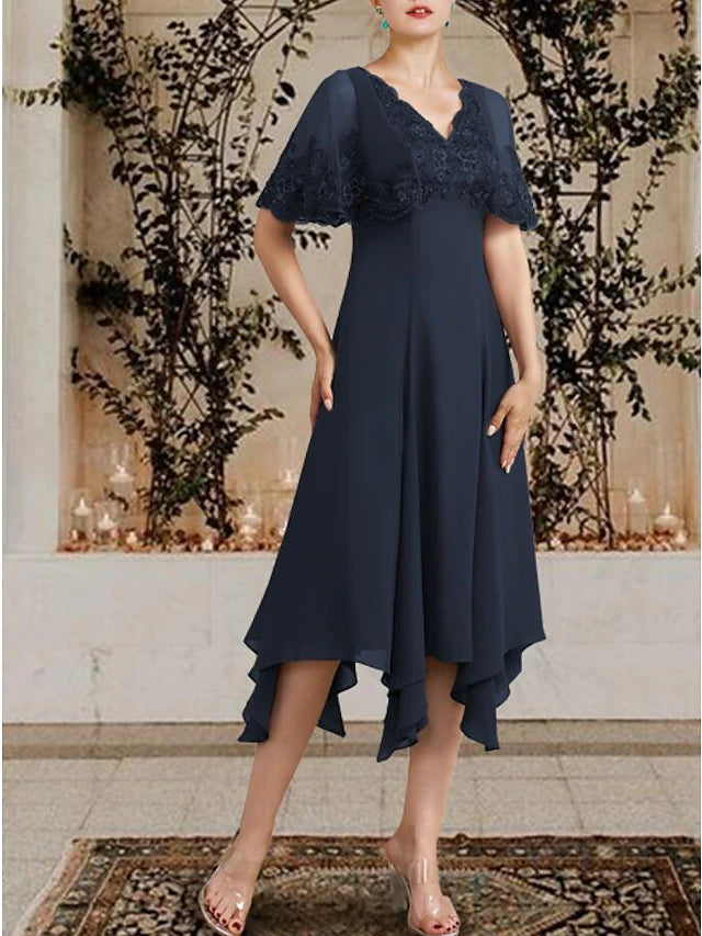 Luolandi A-Line Mother of the Bride Dress Plus Size Elegant High Low V Neck Asymmetrical Tea Length Chiffon Lace Sleeveless
