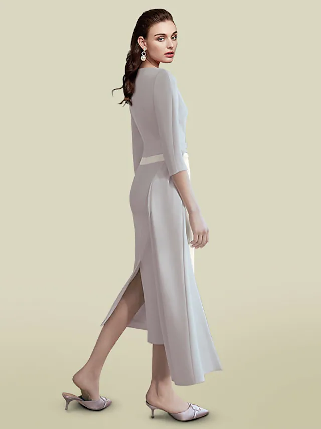Luolandi Mother of the Bride Dress Elegant Jewel Neck Tea Length Italy Satin Half Sleeve with Ruching Light gray