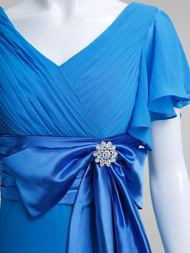 Luolandi Mother of the Bride Dress Elegant V Neck Floor Length Chiffon Short Sleeve with Crystals