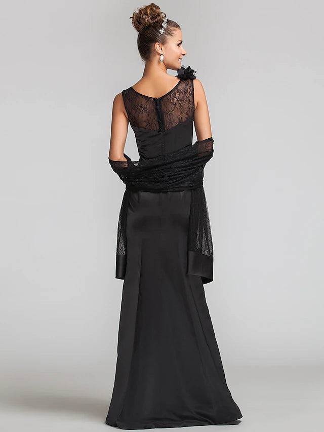 Luolandi Mermaid / Trumpet Mother of the Bride Dress Wrap Included Jewel Neck Floor Length Satin Lace Sleeveless with Flower