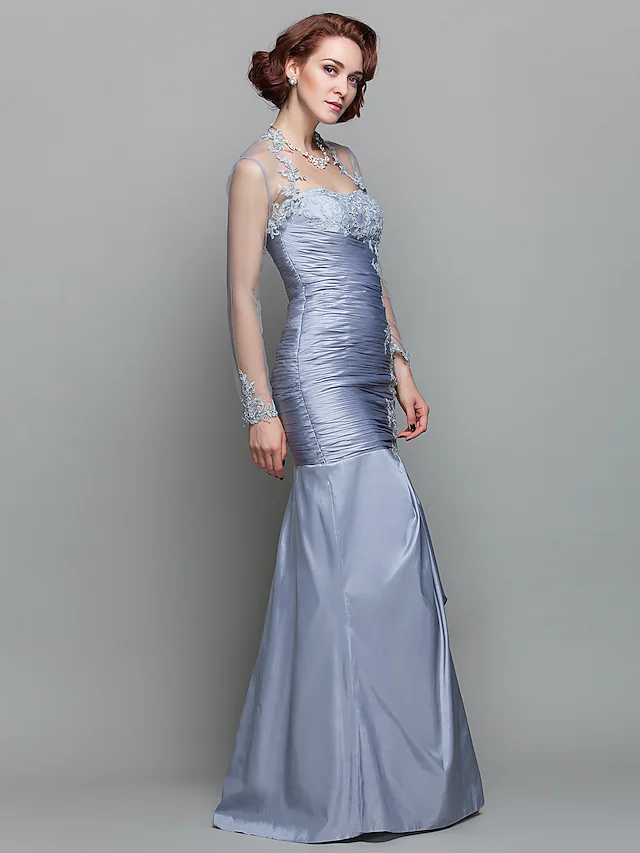 Luolandi Mother of the Bride Dress Wrap Included Strapless Floor Length Lace Taffeta Long Sleeve with Ruched Beading