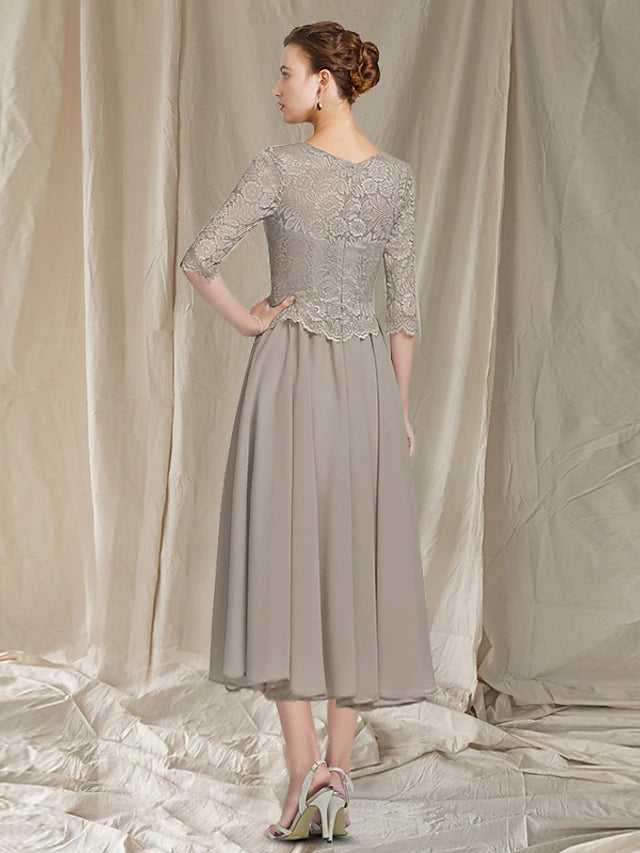 Luolandi Two Piece A-Line Mother of the Bride Dress Church Elegant Jewel Neck Tea Length Chiffon Lace Half Sleeve Jacket Dresses