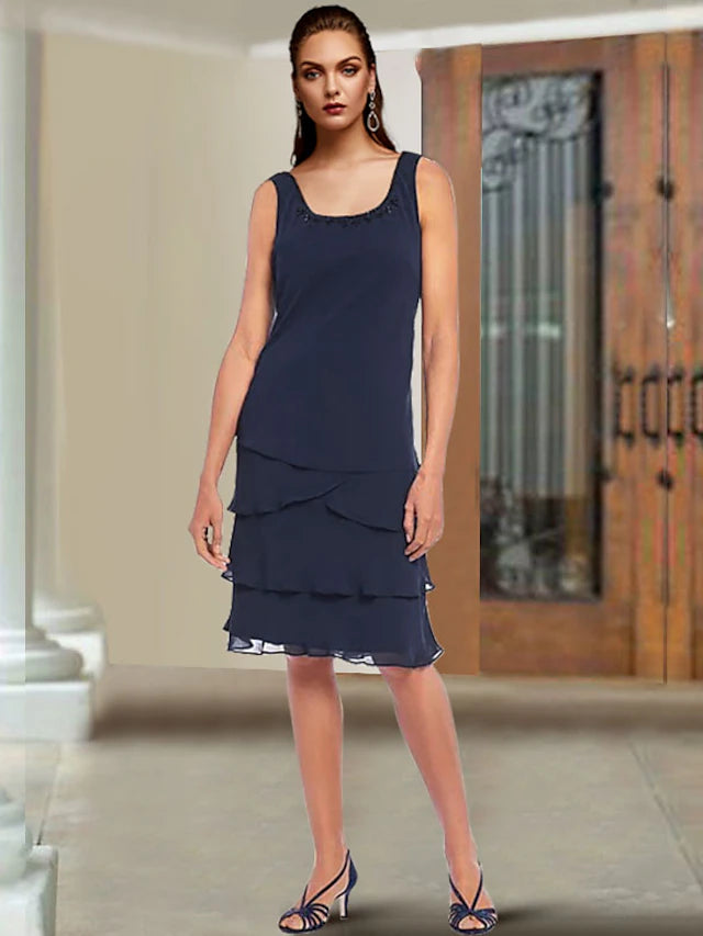 Luolandi Two Piece Sheath / Column Mother of the Bride Dress Elegant Scoop Neck Knee Length Chiffon Lace Sleeveless Wrap Included with Beading