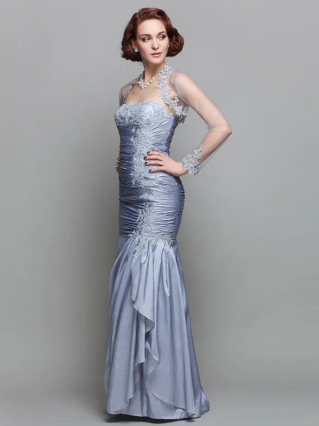 Luolandi Mother of the Bride Dress Wrap Included Strapless Floor Length Lace Taffeta Long Sleeve with Ruched Beading