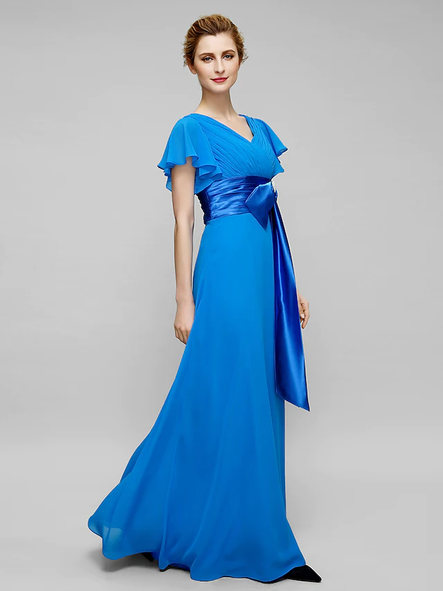 Luolandi Mother of the Bride Dress Elegant V Neck Floor Length Chiffon Short Sleeve with Crystals