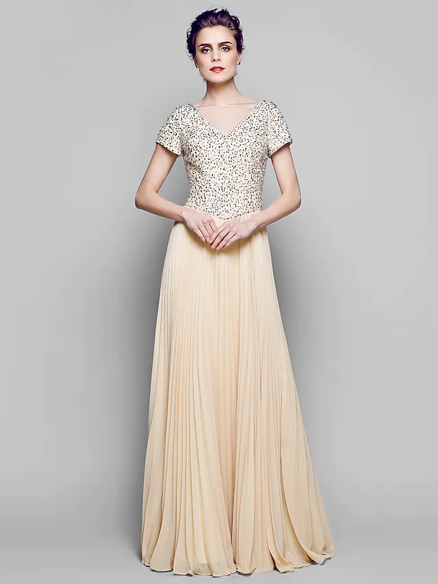 Luolandi A-Line Mother of the Bride Dress Bateau Neck Floor Length Short Sleeve Wedding Guest Dress