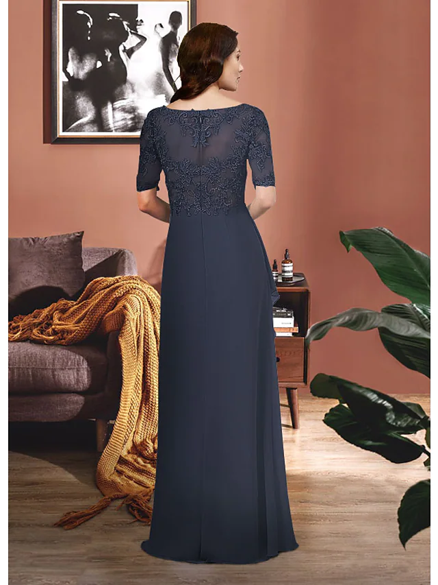 Luolandi Mother of the Bride Dress Elegant V Neck Chiffon Lace Half Sleeve with Appliques Ruching Dark Navy