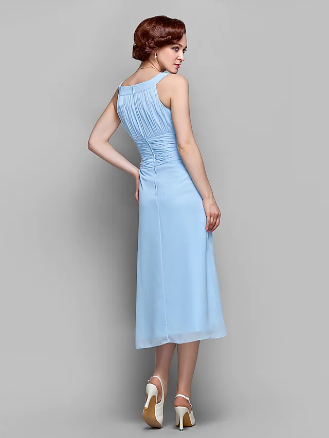 Luolandi Mother of the Bride Dress Elegant Straps Tea Length Chiffon Sleeveless with Ruched Draping Pure Color