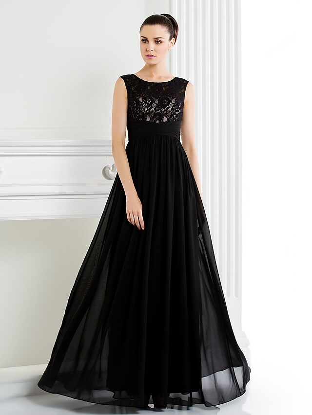 Luolandi A-Line Mother of the Bride Dress Scoop Neck Floor Length Chiffon Lace Sleeveless with Lace Black