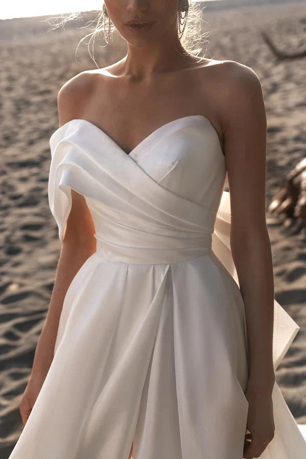 Luolandi Leisure wedding dress in the lobby one shoulder satin pleated simple bride dress With Slit