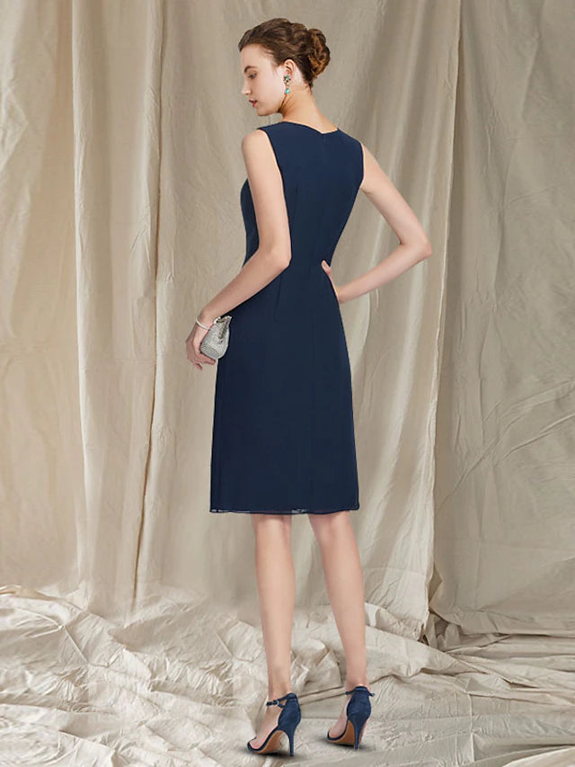 Luolandi Two Piece Sheath / Column Mother of the Bride Dress Elegant Jewel Neck Knee Length Chiffon Sleeveless Jacket Dresses with Beading