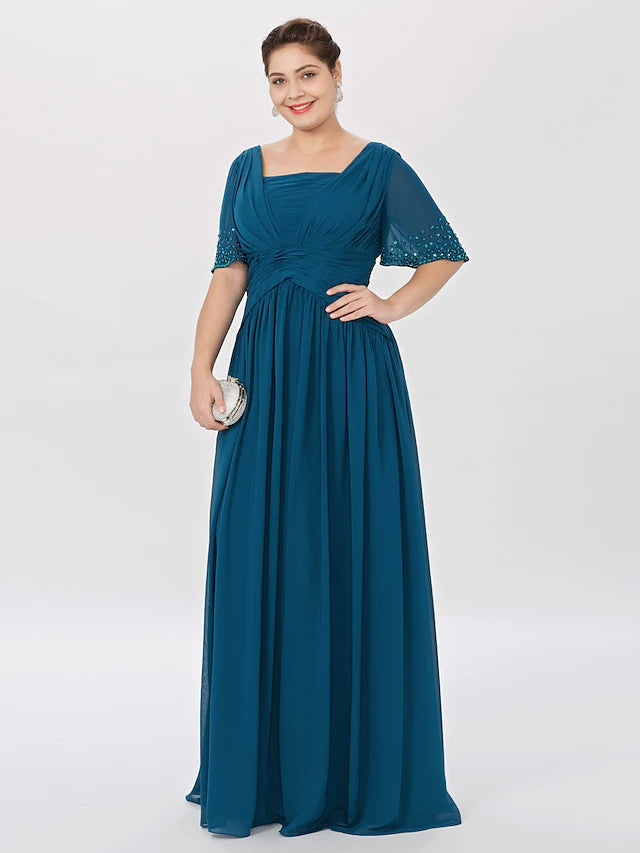 Luolandi Ball Gown A-Line Mother of the Bride Dress Formal Classic & Timeless Elegant & Luxurious Plus Size Square Neck Floor Length Chiffon Short Sleeve No with Pleats