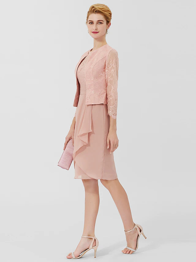 Luolandi Sheath / Column Mother of the Bride Dress Formal Classic & Timeless Elegant & Luxurious Convertible Dress Jewel Neck Knee Length Chiffon Sheer Lace 3/4 Length Sleeve with Sash