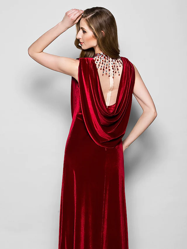 Luolandi Mother of the Bride Dress Cowl Neck Floor Length Velvet Sleeveless with Crystals Beading Burgundy