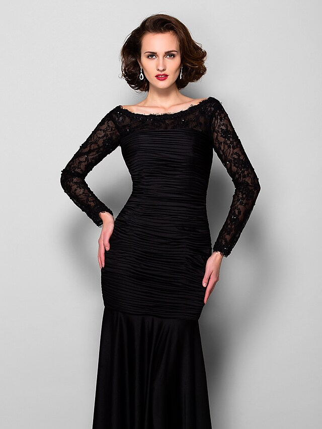 Luolandi Mother of the Bride Dress Beautiful Back Jewel Neck Lace Jersey Long Sleeve with Lace Ruched