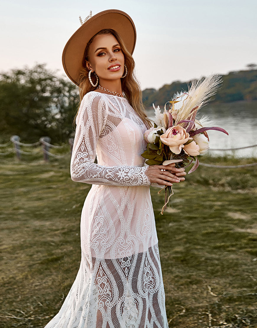 Luolandi Ivory Mermaid Long Sleeves Lace Boho Wedding Dress Floor Length Beautiful