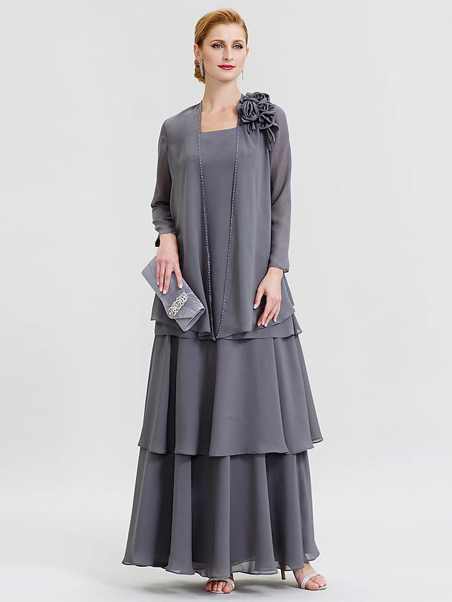 Luolandi A-Line Mother of the Bride Dress Formal Floral Convertible Dress Scoop Neck Floor Length Chiffon Long Sleeve Wrap Included with Beading Flower