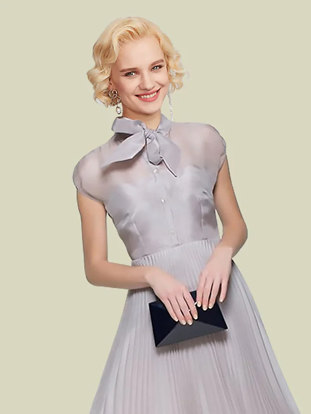 Luolandi A-Line Mother of the Bride Dress Elegant Jewel Neck Tea Length Organza Short Sleeve with Bow(s)  Light gray