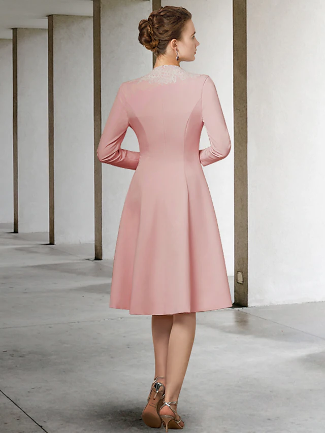 Luolandi Mother of the Bride Dress Elegant V Neck Knee Length Fabric Half Sleeve with Appliques Dusty Rose