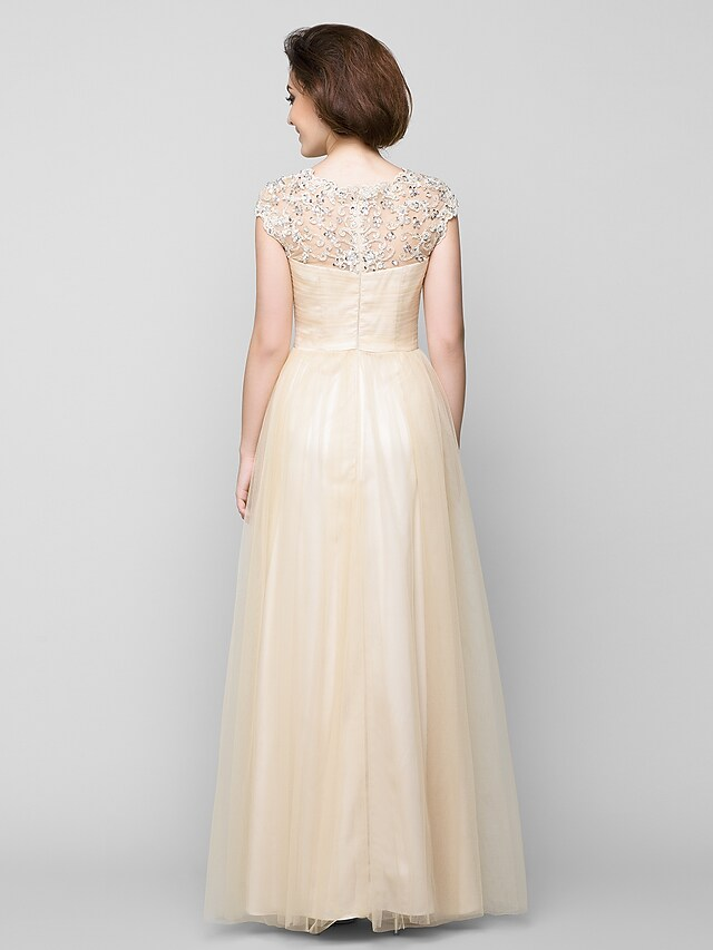 Luolandi A-Line Mother of the Bride Dress See Through Jewel Neck Floor Length Tulle Sleeveless with Beading Champagne