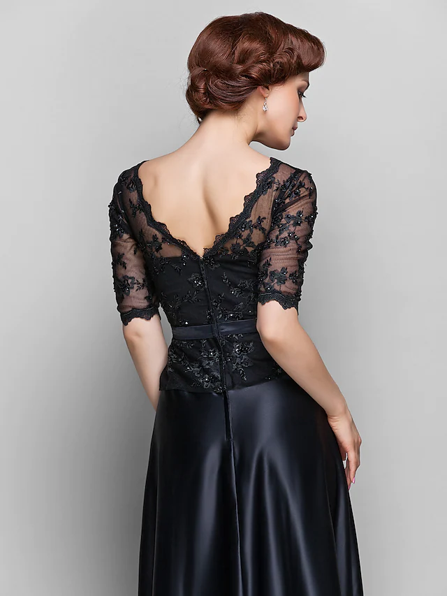 Luolandi A-Line Mother of the Bride Dress See Through V Neck Floor Length Lace Satin Half Sleeve with Lace Bow(s) Beading Black