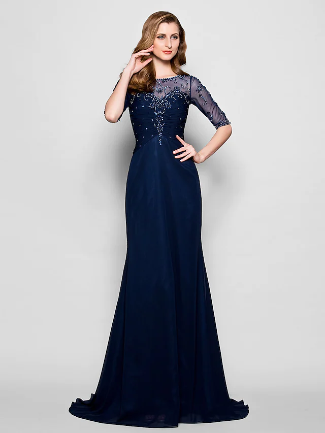 Luolandi A-Line Mother of the Bride Dress See Through Jewel Neck Chiffon Tulle Half Sleeve with Ruched Crystals Beading Dark Navy