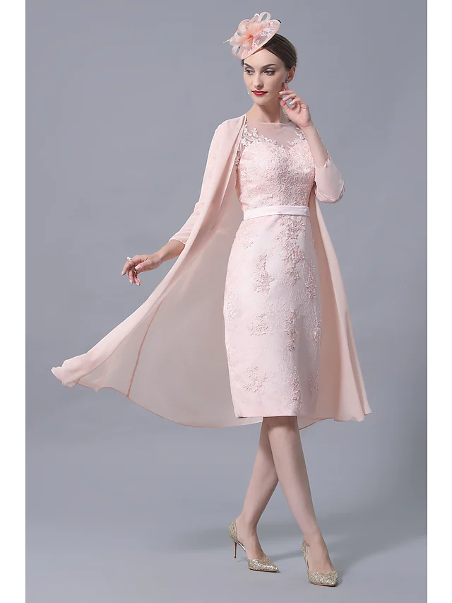 Luolandi Mother of the Bride Dress Plus Size Elegant Vintage Bateau Neck Knee Length Chiffon Lace 3/4 Length Sleeve