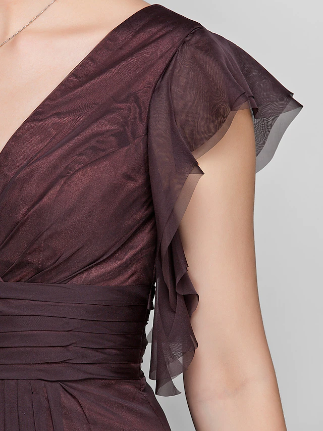 Luolandi Mother of the Bride Dress Beautiful Back V Neck Floor Length Chiffon Short Sleeve with Criss Cross Ruched Draping Pure Color