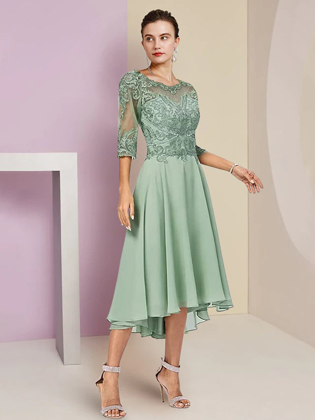 Luolandi Two Piece A-Line Mother of the Bride Dress Formal Wedding Guest Elegant High Low Scoop Neck Asymmetrical Tea Length Chiffon Lace Half Sleeve Wrap Included with Beading