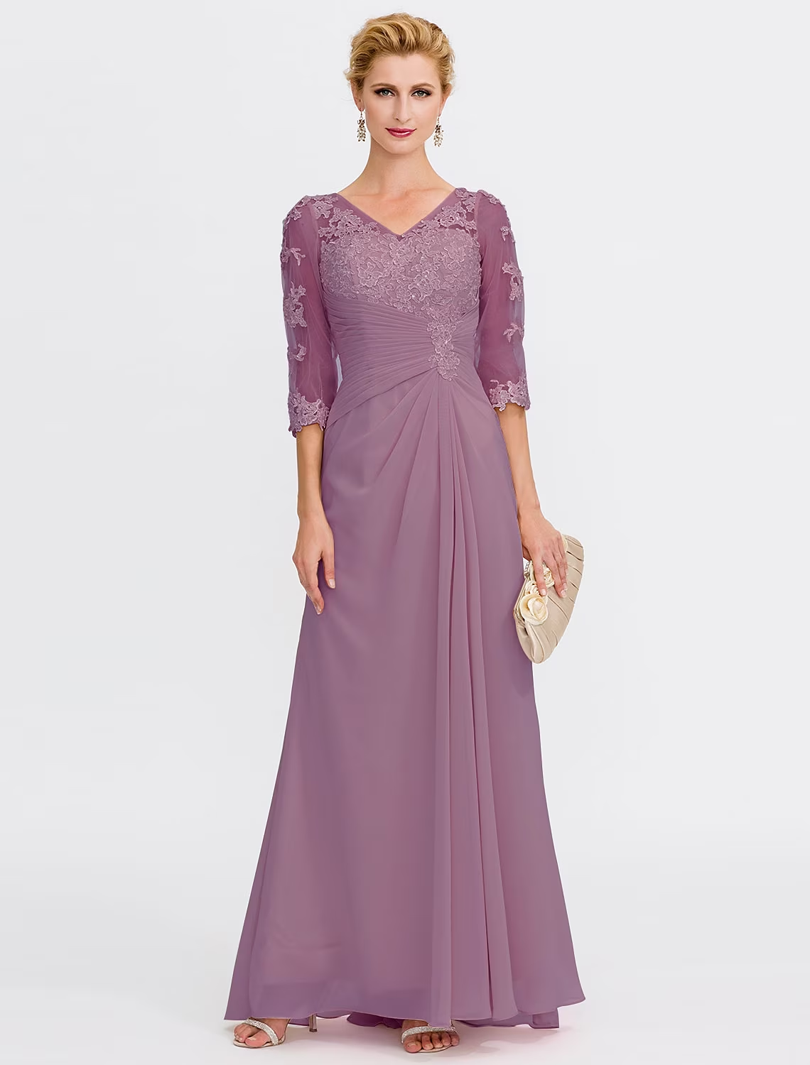 Luolandi A-Line Mother of the Bride Dress Plus Size Elegant See Through V Neck Floor Length Chiffon Half Sleeve with Appliques