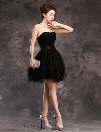 Ball Gown Cocktail Dresses Vintage Dress Wedding Guest Homecoming Short / Mini Sleeveless Sweetheart Tulle with Bow(s) Ruffles