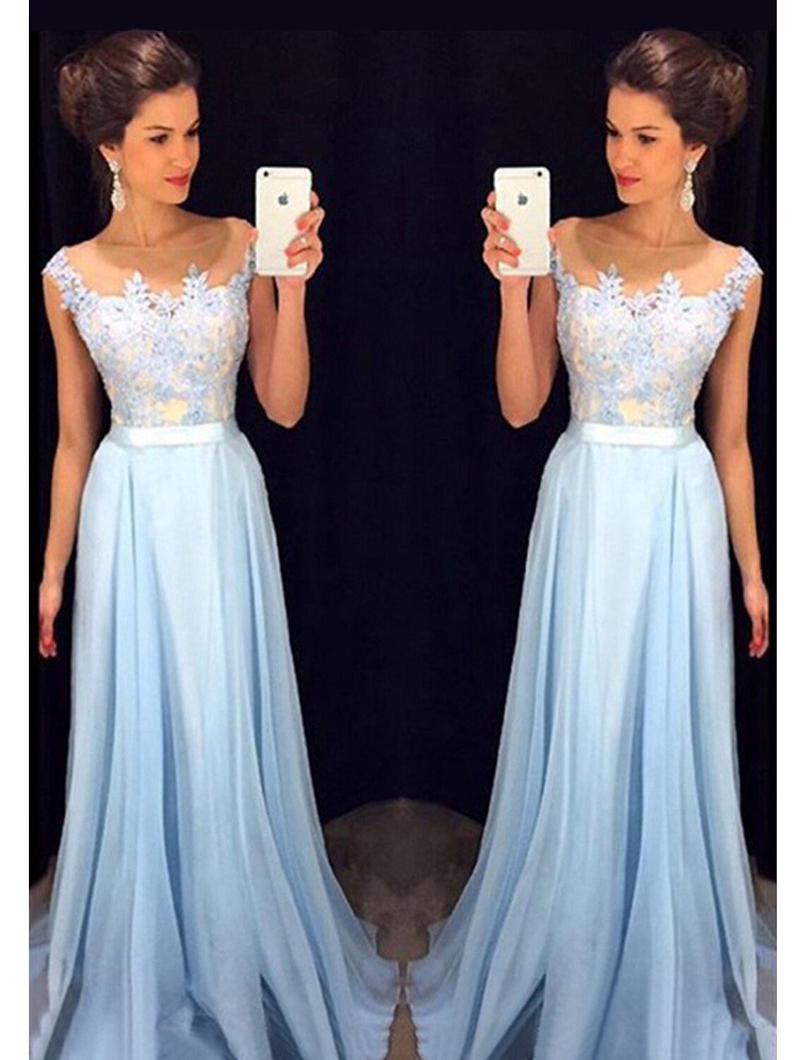 Luolandi A-Line Prom Dresses Floor Length Sleeveless Jewel Neck Chiffon Formal Dresses with Appliques