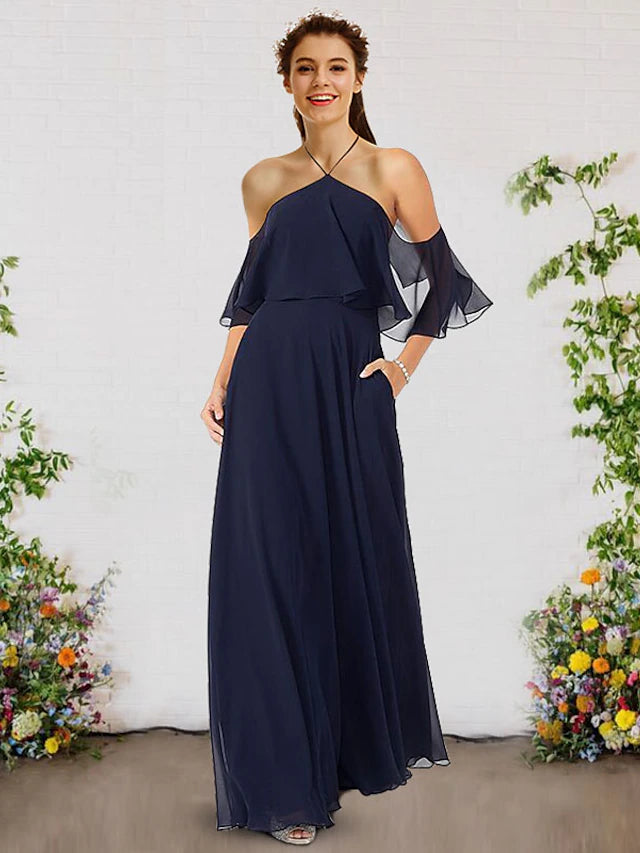 Luolandi A-Line Bridesmaid Dress Halter Neck Sleeveless Elegant Floor Length Chiffon Pure Color