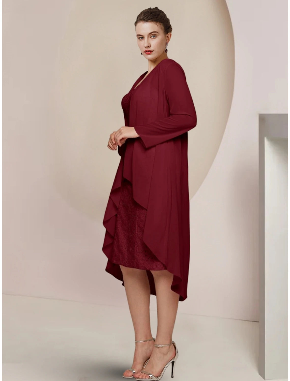 Luolandi A-Line Mother of the Bride Dress Wedding Guest Elegant Petite Square Neck Knee Length Chiffon Long Sleeve with Ruching