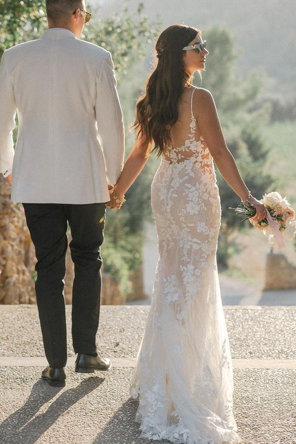 Luolandi Mermaid V Neck Tulle Lace Sleeveless Ivory Wedding Dresses Beautiful