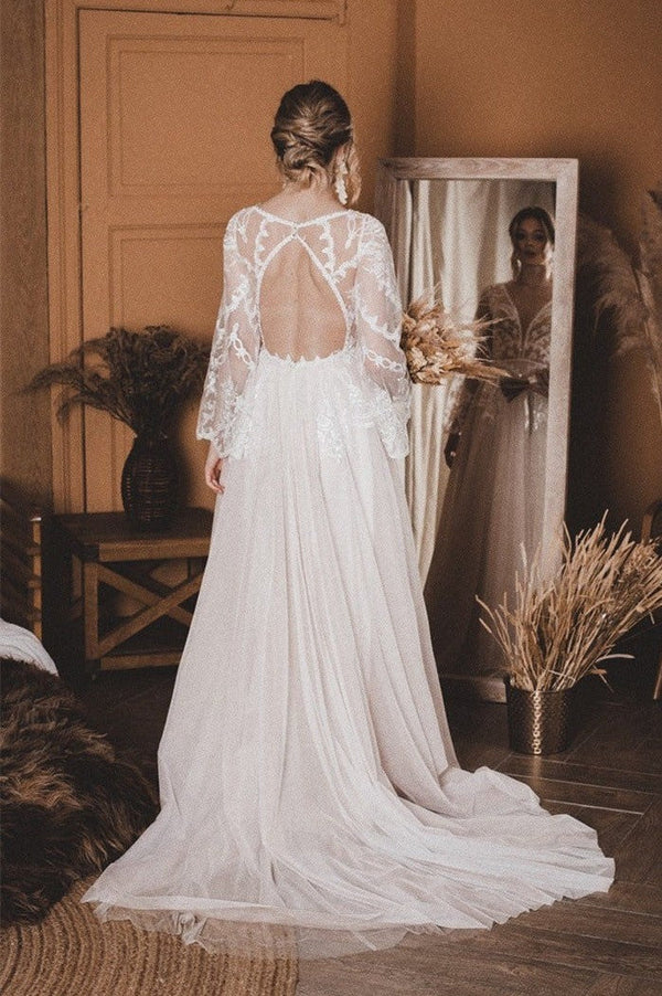 Luolandi A-Line Lace Top Flare Sleeves Open Back Wedding Dress Beautiful