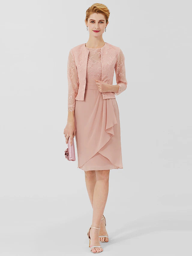 Luolandi Sheath / Column Mother of the Bride Dress Formal Classic & Timeless Elegant & Luxurious Convertible Dress Jewel Neck Knee Length Chiffon Sheer Lace 3/4 Length Sleeve with Sash