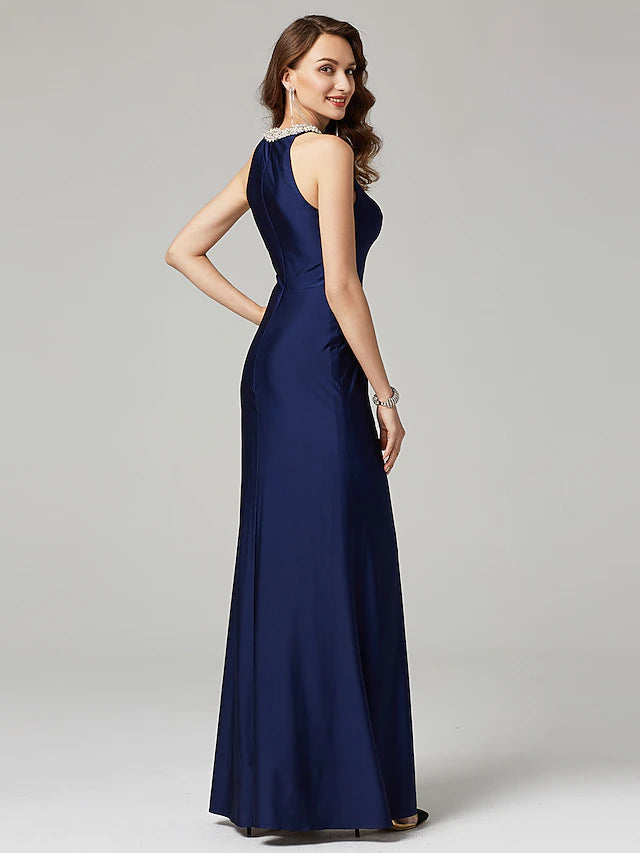 Luolandi Sheath / Column Mother of the Bride Dress Elegant Sexy Jewel Neck Floor Length Charmeuse Sleeveless