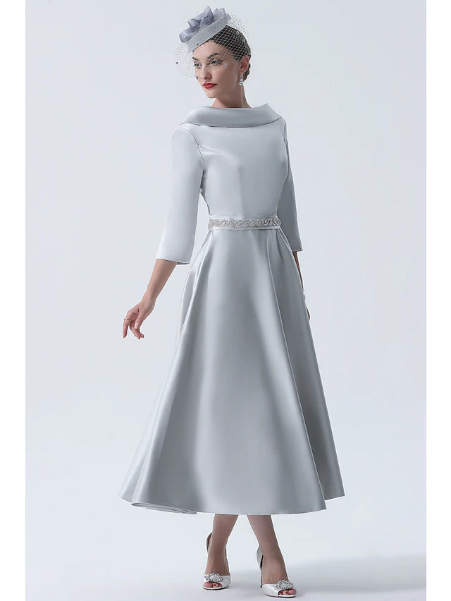 Luolandi A-Line Mother of the Bride Dress Wedding Guest Vintage Plus Size Elegant Bateau Neck Tea Length Satin 3/4 Length Sleeve
