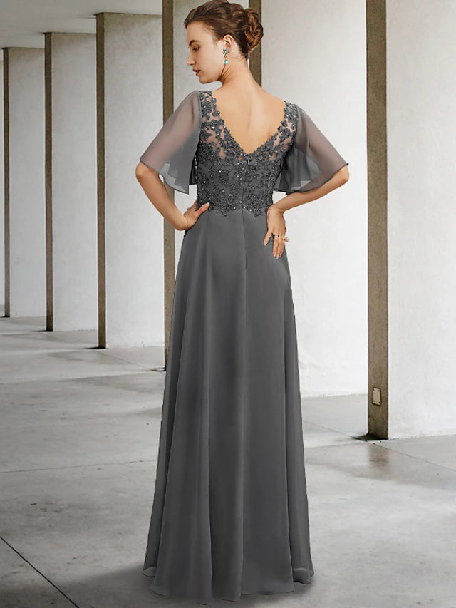 Luolandi A-Line Mother of the Bride Dress Luxurious Elegant V Neck Floor Length Chiffon Lace Short Sleeve with Beading