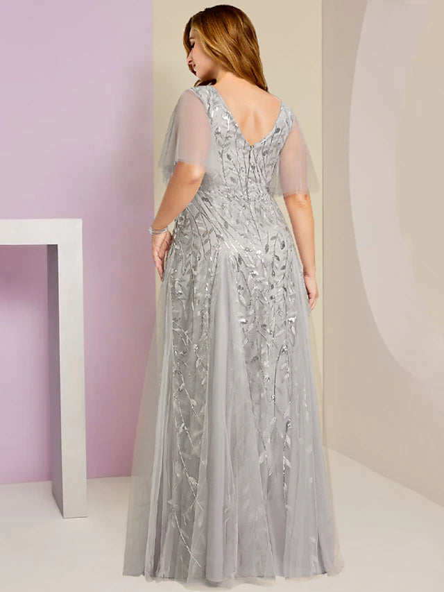 Luolandi Plus Size Curve Mother of the Bride Dress Party Sparkle & Shine V Neck Floor Length Lace Tulle Short Sleeve with Pleats