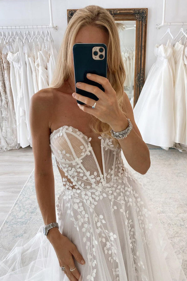 Luolandi A-Line Sweetheart Tulle Appliques Wedding Dresses Off Shoulder Sexy