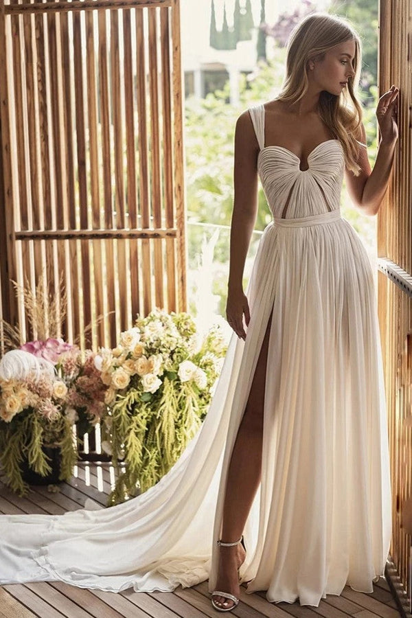 Luolandi Bohemian A-Line Long Chiffon Sweetheart Wedding Dresses With Slit