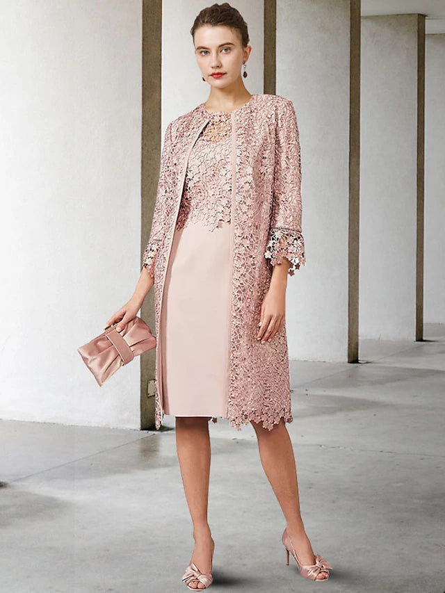 Luolandi Two Piece Sheath / Column Mother of the Bride Dress Church Elegant Jewel Neck Knee Length Chiffon Lace Short Sleeve Jacket Dresses