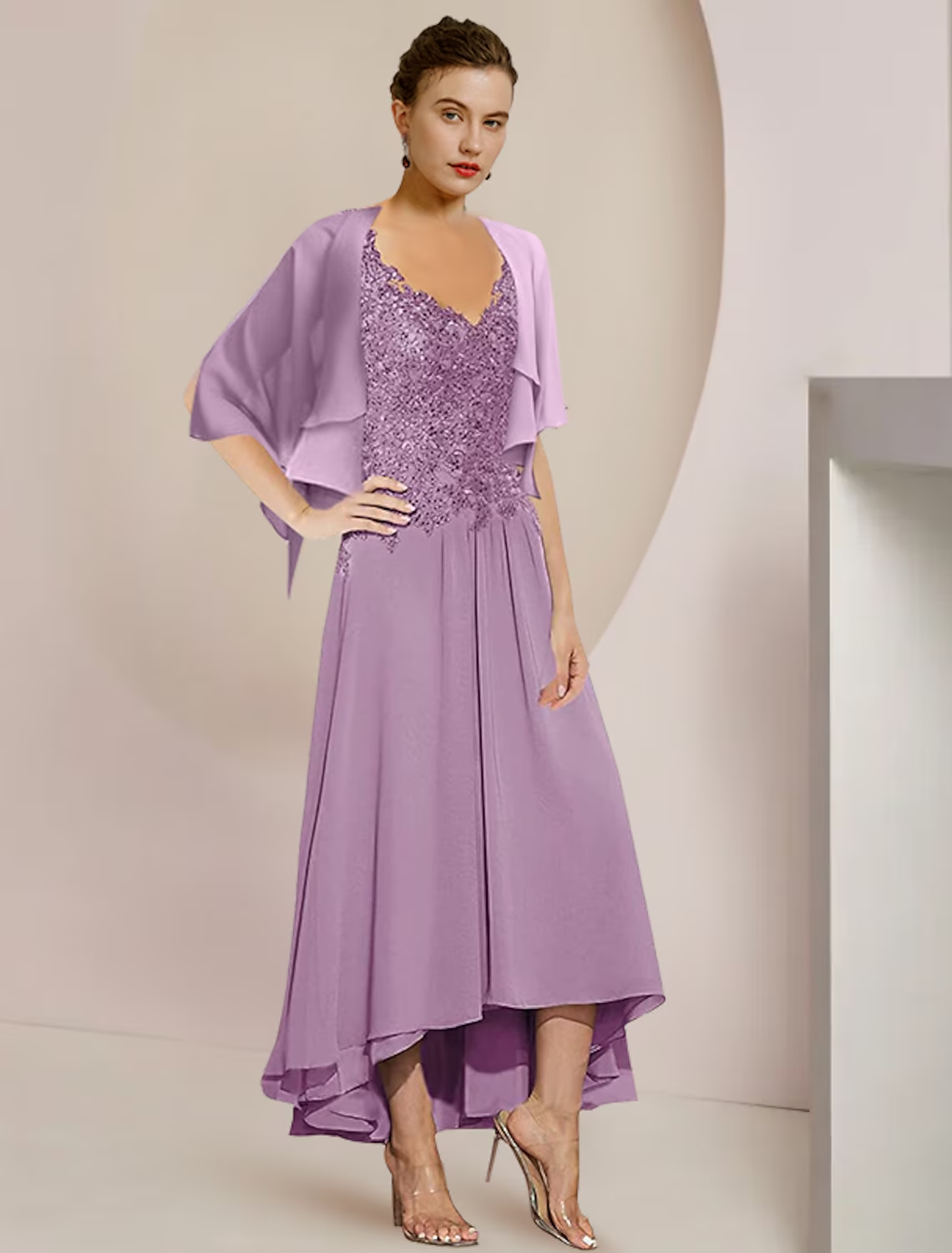 Luolandi Two Piece A-Line Mother of the Bride Dress Formal Wedding Guest Elegant High Low V Neck Asymmetrical Tea Length Chiffon Lace 3/4 Length Sleeve Wrap Included with Appliques