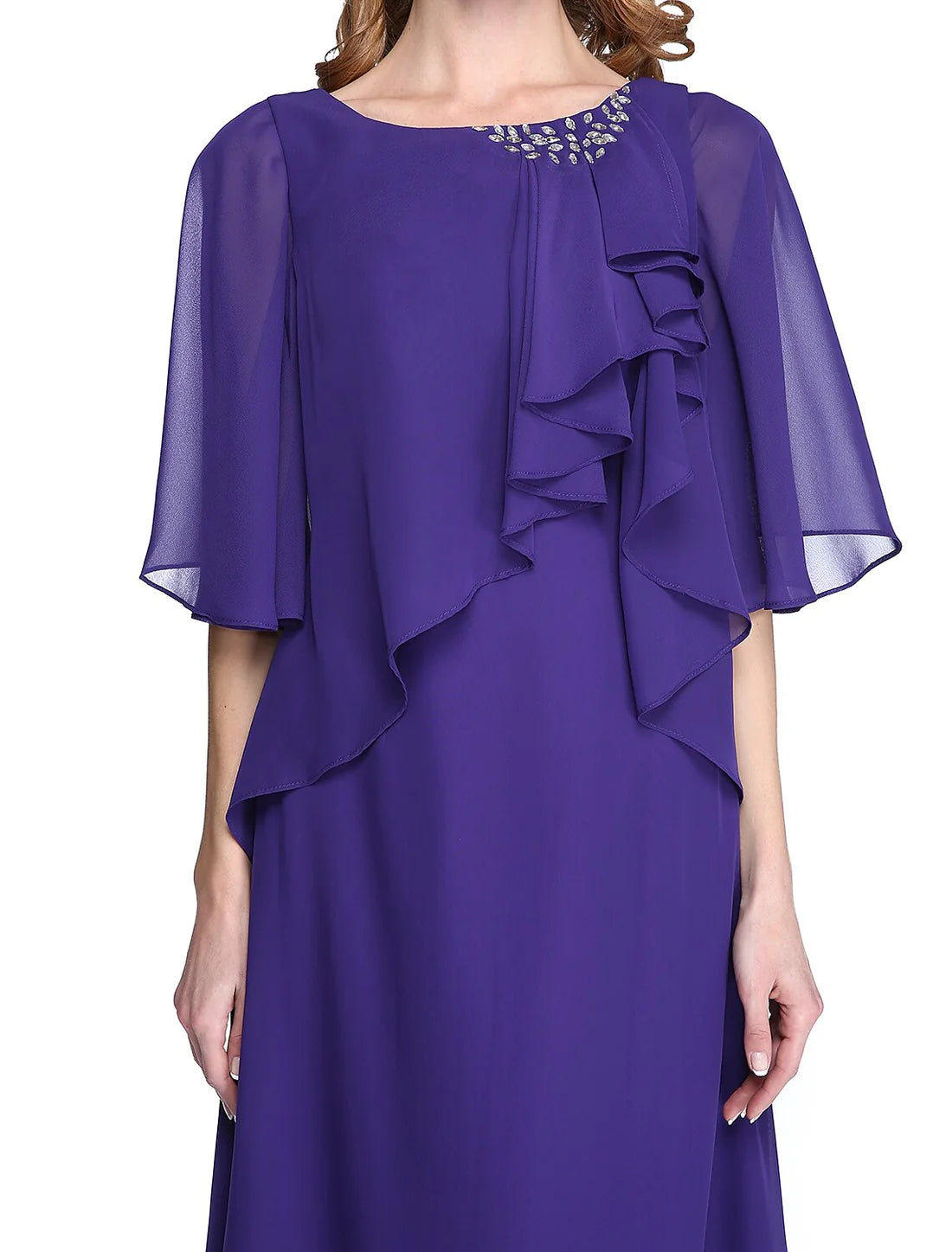 Luolandi Sheath / Column Mother of the Bride Dress Elegant Open Back Jewel Neck Floor Length Chiffon Half Sleeve with Pleats Beading