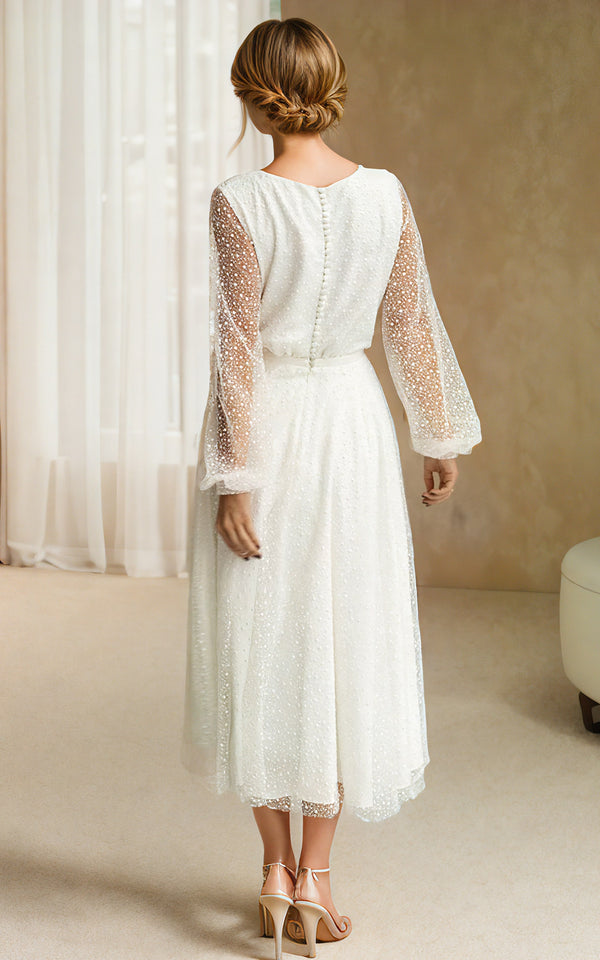 Luolandi A-Line Tulle Tea-Length Long Sleeve Wedding Dress Beautiful