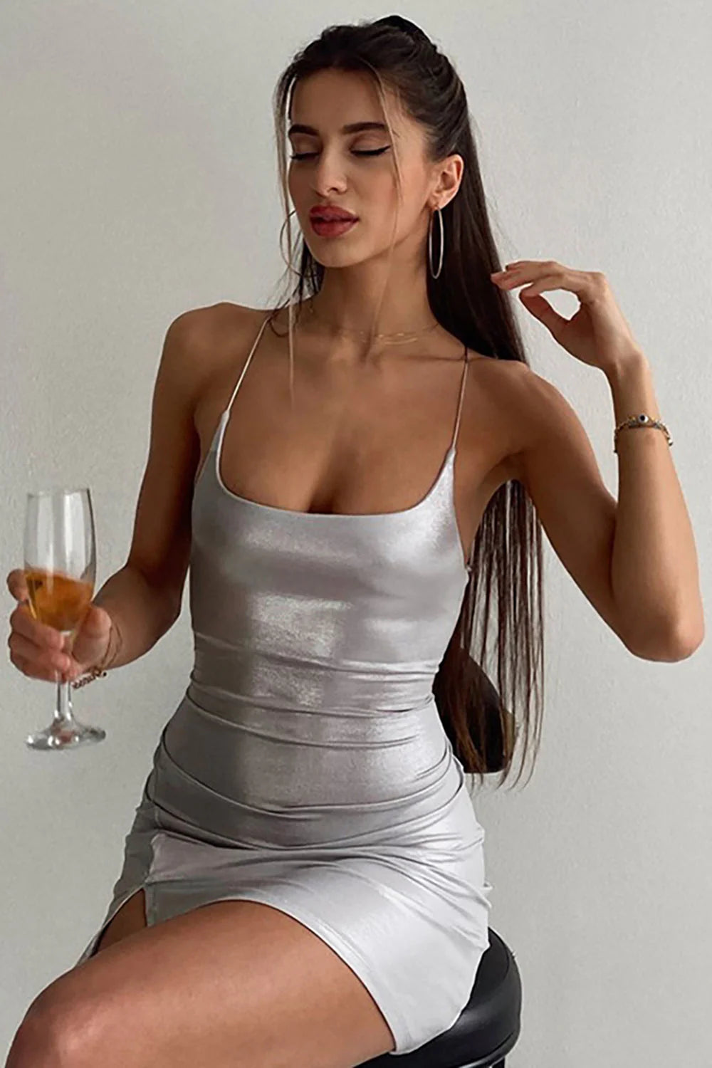 Luolandi Silver Spaghetti Straps Short Tight Cocktail Party Dress With Split Sexy