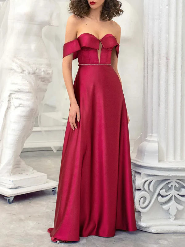 Luolandi A-Line Burgundy Strapless Sleeveless Floor-Length Evening Dress Off Shoulder Sexy