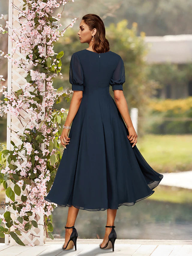 Luolandi A-Line Mother of the Bride Dress Plus Size Elegant Jewel Neck Tea Length Chiffon Short Sleeve with Pleats